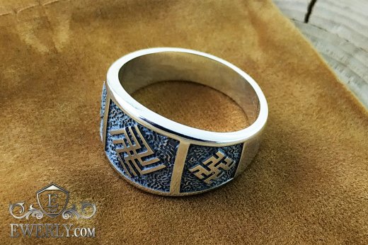 Slavic ring made of silver with the symbols "Heavenly Boar" and "Odolen-grass"